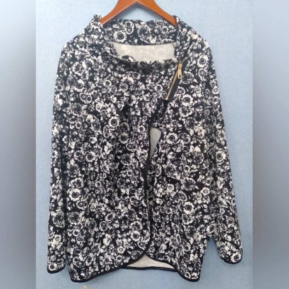 Floral Print Asymmetrical Zip Up Cowl Neck Jacket or‎ Sweater